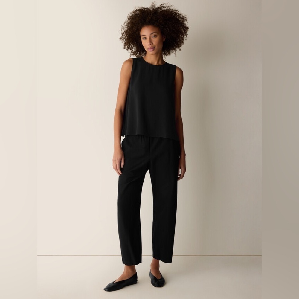 Eileen Fisher Black Silk Georgette Crepe Round Neck Tank NEW $198